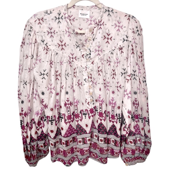 NEW Isabel Marant Salika Printed Cotton Blouse White/Pink/Silver S/S 23 Size 2 - Picture 11 of 12